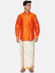 Sethukrishna Men Orange & Off White Shirt With Dhoti Pants