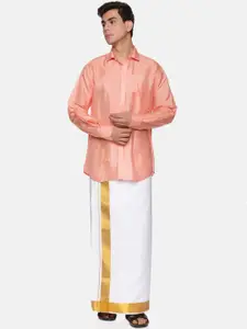 Sethukrishna Men Peach-Coloured & White Shirt With Dhoti Pants