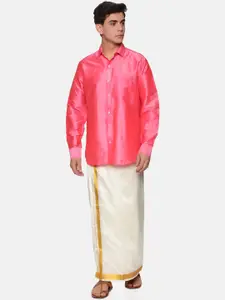 Sethukrishna Men Pink & White Shirt With Dhoti Pants