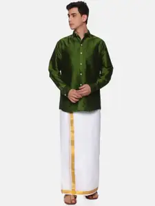 Sethukrishna Men Olive Green & White Shirt With Dhoti Pants