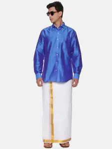 Sethukrishna Men Blue & White Shirt with Dhoti Pants