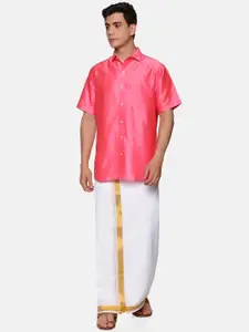 Sethukrishna Men Pink & White Shirt with Dhoti Pants