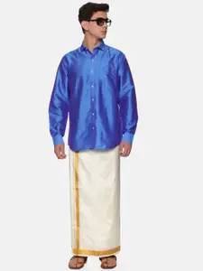 Sethukrishna Men Blue & White Shirt with Dhoti Pants