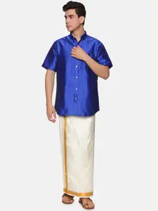 Sethukrishna Men Navy Blue & White Shirt with Dhoti Pants