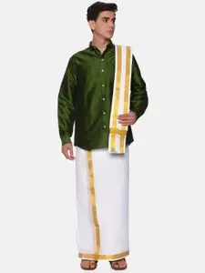 Sethukrishna Men Olive Green & White Shirt with Dhoti Pants