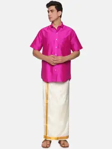Sethukrishna Men Pink & White Shirt with Dhoti Pants
