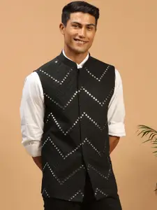 VASTRAMAY Men Black Mirror Work Embellished Nehru Jackets