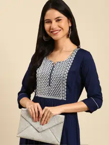 SHOWOFF  Navy Blue Ethnic Motifs Embroidered Thread Work Silk Kurta