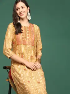 SHOWOFF Women Mustard Yellow Ethnic Motifs Printed Pastels Chanderi Silk Kurta