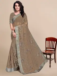 Mitera Khaki & Gold-Toned Ethnic Motifs Pure Chiffon Saree