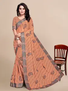 Mitera Rust & Grey Ethnic Motifs Pure Chiffon Saree