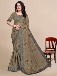 Mitera Olive Green & Grey Ethnic Motifs Pure Chiffon Saree