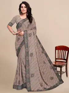 Mitera Brown & Grey Ethnic Motifs Pure Chiffon Saree