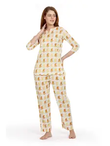 MAYSIXTY Women Off White & Camel Brown Printed Night suit