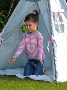 MiArcus Girls Pink & Purple Conversational Printed Pullover Cotton Sweater