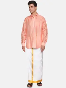 Sethukrishna Men Peach-Coloured & White Shirt With Dhoti Pants