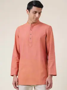 Fabindia Men Coral Solid Mandarin Collar Cotton Short Kurta