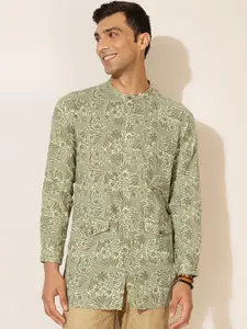 Fabindia FabBasic Men Green Floral Floral Cotton Kurta
