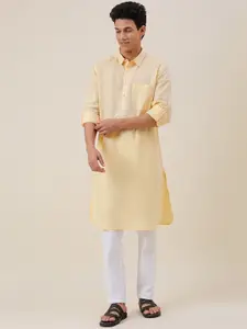 Fabindia Men Yellow Pathani Linen Kurta