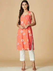 Fabindia Women Peach-Coloured Cotton Ethnic Motifs Printed Kurta