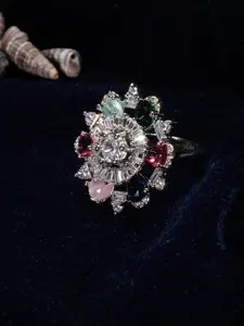 justpeachy Rhodium-Plated Silver Toned American Diamond Meenakari Finger Ring