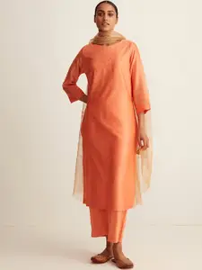 Ancestry Orange Embroidered Chanderi Silk Kurta