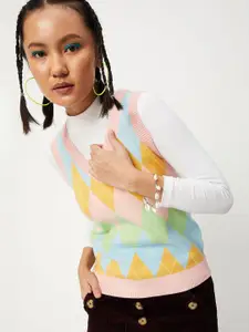 max Women Pink & Blue Argyle Printed Sweater Vest