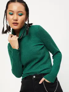 max Women Green Ribbed Pullover Sweater