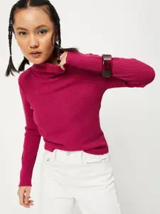 max Women Fuchsia Ribbed Pullover Sweater