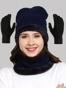 WEAVERS VILLA Women Navy Blue Beanie Neck With Warmer and Gloves