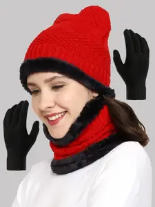 WEAVERS VILLA Women Red & Black Beanie With Warmer and Gloves