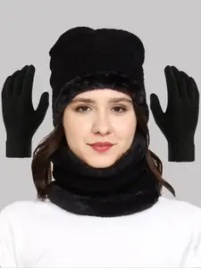 WEAVERS VILLA Women Black Beanie With Warmer and Gloves