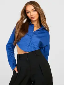 Boohoo Women Blue Solid Crop Casual Shirt