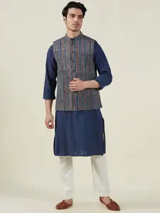 Fabindia Men Blue Printed Cotton Nehru Jackets