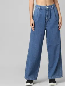 ONLY Women Blue Wide Leg High-Rise Low Distress Jeans