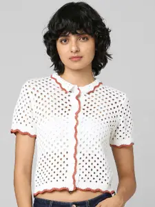 ONLY Women White Self Design Cotton Casual Shirt