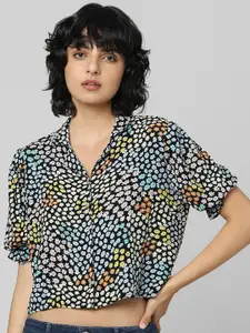 ONLY Women Black & Turquoise Blue Floral Printed Crop Casual Shirt