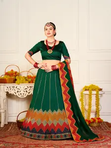 Warthy Ent Green & Red Embroidered Semi-Stitched Lehenga & Unstitched Blouse With Dupatta