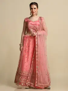 Warthy Ent Peach & Brown Sequinned Semi-Stitched Lehenga & Unstitched Blouse With Dupatta