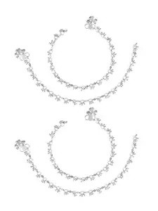 AanyaCentric Set Of 2 Silver-Plated & Silver Toned Beaded Anklets