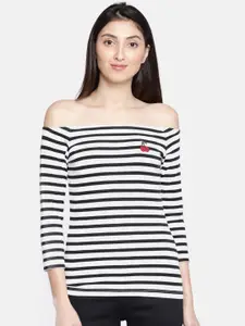 Vero Moda Women Black & White Striped Off-shoulder Bardot Top