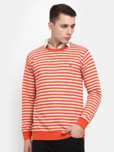 V-Mart Men Orange Striped Fleece Sweatshirt