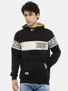 V-Mart Men Black Colourblocked Hooded Fleece Sweatshirt