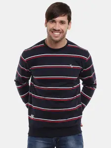V-Mart Men Navy Blue Striped Fleece Sweatshirt