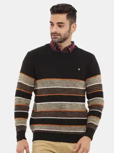 V-Mart Men Black Striped Fleece Pullover