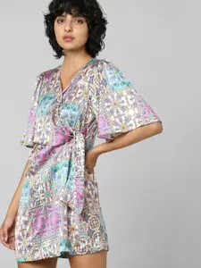 ONLY Purple & Blue Ethnic Motifs Wrap Dress