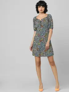 ONLY Black & Blue Floral Tie-Up Neck A-Line Dress