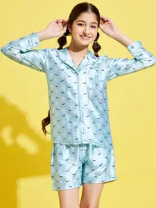 Cherry & Jerry Girls Turquoise Blue & Black Printed Night suit