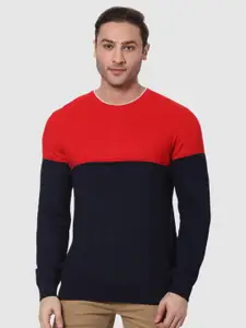 Celio Men Navy Blue & Red Colourblocked Cotton Pullover