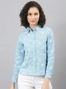 DEEBACO Women Blue Premium Floral Printed Cotton Casual Shirt